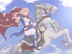 Rule 34 | barding, belt, blonde hair, blue eyes, boots, cape, cloud, day, epaulettes, highres, horse, kamkac, long hair, looking at viewer, red cape, richelieu (warship girls r), riding, sheath, sky, solo, sword, warship girls r, weapon