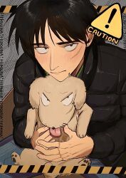 Rule 34 | !, 1boy, animal, beachricefield, black coat, black hair, caution tape, closed mouth, coat, commentary request, dog, facial scar, grey background, highres, holding, holding animal, holding dog, itou kaiji, kaiji, leaning forward, long hair, long sleeves, looking at viewer, male focus, medium bangs, pointy nose, puffy coat, sanpaku, scar, scar on cheek, scar on face, scar on hand, sign, solo, sweat, upper body, warning sign