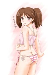 Rule 34 | 1girl, akimoto dai, ass, brown eyes, brown hair, butt crack, camisole, commentary request, cowboy shot, dated, from behind, highres, kantai collection, looking at viewer, midriff, one-hour drawing challenge, panties, pink camisole, ryuujou (kancolle), side-tie panties, solo, striped clothes, striped panties, translation request, twintails, twitter username, underwear