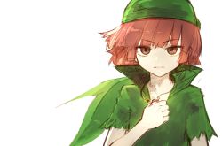 Rule 34 | 1boy, brown eyes, brown hair, character request, green hat, green shirt, hat, highres, holding, holding jewelry, holding necklace, jewelry, leaf, looking at viewer, male focus, necklace, pale skin, red hair, riuichi, shirt, short sleeves, simple background, sketch, solo, upper body, white background