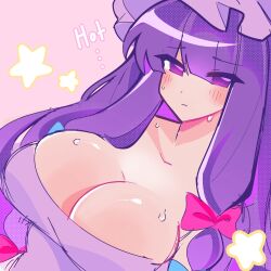 Rule 34 | 1girl, blunt bangs, blush, bow, breasts, cleavage, closed mouth, commentary, english commentary, english text, hair bow, hat, highres, hot, large breasts, light frown, long hair, looking at viewer, ochacolle, patchouli knowledge, pink background, purple eyes, purple hair, red bow, simple background, sketch, solo, star (symbol), sweat, touhou, upper body