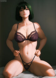 Rule 34 | 1girl, black bra, black panties, bra, breasts, cleavage, collarbone, commentary, english commentary, flowerxl, fubuki (one-punch man), green eyes, green hair, large breasts, navel, one-punch man, panties, short hair, sitting, solo, stomach, thighs, underwear, underwear only