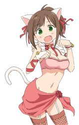 Rule 34 | 10s, 1girl, :d, anbe masahiro, animal ears, bell, blush, breasts, brown hair, cat ears, cat tail, cleavage, collar, fang, fishnet legwear, fishnets, garter straps, green eyes, idolmaster, idolmaster cinderella girls, jingle bell, looking at viewer, maekawa miku, md5 mismatch, midriff, navel, neck bell, open mouth, paw pose, resized, simple background, smile, solo, standing, tail, tareme, white background