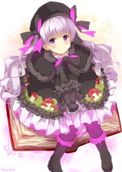Rule 34 | 10s, 1girl, beret, black bow, black capelet, black dress, black footwear, black gloves, black hat, black pantyhose, blush, book, boots, bow, capelet, commentary request, doll joints, dress, fate/extra, fate (series), food print, frilled boots, frilled dress, frilled sleeves, frills, fur-trimmed capelet, fur trim, gloves, gothic lolita, hair bow, hat, highres, joints, knee boots, knees together feet apart, lolita fashion, long hair, long sleeves, looking at viewer, mushroom print, niwasane (saneatsu03), nursery rhyme (fate), open book, own hands together, pantyhose, print dress, purple eyes, silver hair, sitting, solo, spread legs, striped, striped bow, very long hair