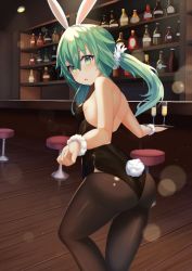 Rule 34 | 1girl, alcohol, animal ears, ass, backless leotard, bar (place), bar stool, bare shoulders, black leotard, black pantyhose, blush, bottle, breasts, rabbit hair ornament, counter, cup, date a live, drinking glass, fake animal ears, from behind, green eyes, green hair, hair between eyes, hair ornament, holding, holding tray, indoors, jme131456, leaning forward, leotard, long hair, looking at viewer, looking back, natsumi (date a live), open mouth, pantyhose, playboy bunny, rabbit ears, rabbit girl, rabbit tail, sideboob, small breasts, solo, stool, tail, thighs, tray, twintails, wrist cuffs