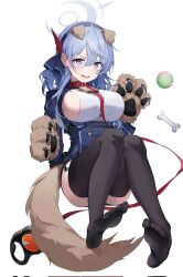 Rule 34 | 1girl, ako (blue archive), animal ears, ball, black garter straps, blue archive, blue eyes, blue hair, blue hairband, bone, breasts, dog ears, dog tail, ear piercing, full body, garter straps, gloves, hair between eyes, hairband, halo, highres, large breasts, long hair, looking at viewer, nagul, open mouth, piercing, sideboob, simple background, sitting, solo, sweat, sweatdrop, tail, tennis ball, toes, white background