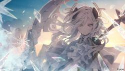 Rule 34 | 1girl, alchemy stars, armor, backlighting, capelet, carleen (alchemy stars), closed mouth, cloud, dress, floating hair, hair intakes, hair ornament, highres, horizon, hoshizaki reita, ice, ascot, long hair, looking at viewer, polearm, shoulder armor, signature, solo, spear, sunset, upper body, weapon, white dress, white hair, wind, yellow eyes