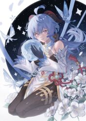 Rule 34 | 1girl, ahoge, artist name, bare shoulders, bell, black pantyhose, blue gloves, blue hair, blush, bow, buterflu, chinese knot, crystalfly (genshin impact), detached sleeves, flower, flower knot, ganyu (genshin impact), genshin impact, gloves, gold trim, highres, horns, long hair, looking at viewer, neck bell, orb, pantyhose, parted lips, purple eyes, qingxin flower, seiza, sidelocks, sitting, smile, solo, thighlet, thighs, vision (genshin impact), white flower, white sleeves
