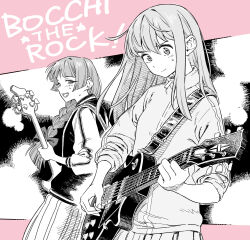 Rule 34 | 2girls, bass guitar, blunt bangs, bocchi the rock!, bow, braid, closed mouth, commentary request, copyright name, electric guitar, gotoh hitori, guitar, hair between eyes, hair bow, hair over shoulder, highres, hiroi kikuri, holding, holding instrument, holding plectrum, instrument, jacket, long hair, long sleeves, looking at another, looking down, mo6hei, multiple girls, music, open mouth, playing instrument, pleated skirt, plectrum, sharp teeth, single braid, skirt, sleeves rolled up, smile, standing, sweatdrop, teeth, track jacket
