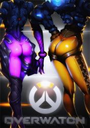 Rule 34 | 2girls, arched back, armor, ass, back, black gloves, bodysuit, boots, contrapposto, copyright name, cross-laced clothes, elbow gloves, from behind, gauntlets, gloves, harness, head out of frame, image sample, multiple girls, overwatch, overwatch 1, pants, skin tight, skindentation, standing, thigh boots, thighhighs, thighs, tight clothes, tight pants, tracer (overwatch), vambraces, vestige stls, widowmaker (overwatch)