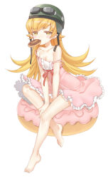 Rule 34 | 1girl, bad id, bad pixiv id, bakemonogatari, bare arms, bare legs, bare shoulders, barefoot, blonde hair, blush stickers, breasts, cleavage, commentary request, doughnut, dress, food, food in mouth, frilled dress, frills, goggles, goggles on headwear, helmet, highres, long hair, monogatari (series), mouth hold, nipple slip, nipples, oshino shinobu, pink dress, pointy ears, shiosoda, sitting, sleeveless, sleeveless dress, small breasts, solo, strap slip, very long hair, white background, yellow eyes