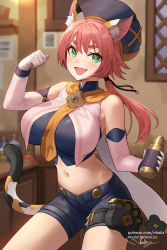 Rule 34 | 1girl, aged up, alternate breast size, alternate hair length, alternate hairstyle, animal ear fluff, animal ears, beret, blue shorts, blush, breasts, bridal gauntlets, cat ears, cat girl, cat tail, cocktail shaker, detached sleeves, diona (genshin impact), genshin impact, green eyes, hat, highres, large breasts, long hair, looking at viewer, nhaliz, open mouth, orange scarf, pink hair, ponytail, pouch, puffy sleeves, scarf, shirt, short eyebrows, shorts, sleeveless, sleeveless shirt, smile, solo, tail, thighs, white shirt