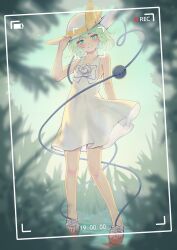 Rule 34 | 1girl, absurdres, alternate costume, arm at side, backlighting, bare arms, battery indicator, blush, bow, bright pupils, chinese commentary, closed mouth, collarbone, commentary request, day, dress, dress bow, dress flower, floating hair, flower, footwear flower, full body, grass, green eyes, green hair, hand up, hat, hat bow, head tilt, heart, heart of string, highres, koishi day, komeiji koishi, littiecy, looking at viewer, medium hair, outdoors, recording, rose, sandals, see-through, see-through dress, sleeveless, sleeveless dress, smile, solo, standing, sundress, third eye, toes, touhou, viewfinder, white bow, white dress, white flower, white footwear, white hat, white rose, yellow bow
