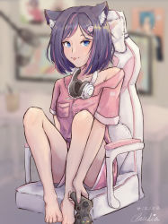 Rule 34 | absurdres, animal ears, bare legs, barefoot, blue eyes, buttons, cat ears, chair, collarbone, controller, earphones, feet, fingernails, game controller, gaming chair, hair ornament, highres, holding, holding controller, legs up, multicolored hair, nail polish, on chair, pajamas, paw print, pink nails, pink pajamas, purple hair, short sleeves, sitting, streaked hair, swivel chair, tomopulse, tongue, tongue out, virtual youtuber