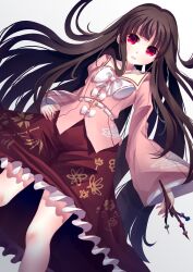 Rule 34 | 1girl, absurdres, black hair, blunt bangs, bow, branch, collared shirt, floral print, highres, hime cut, holding, houraisan kaguya, jeweled branch of hourai, long hair, penglai tea, pink shirt, red eyes, red skirt, shirt, simple background, skirt, solo, touhou, very long hair, white bow