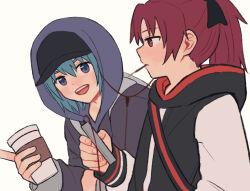 Rule 34 | 2girls, baseball cap, black hat, black hoodie, blue eyes, blue hair, coffee cup, commentary request, cup, disposable cup, earphones, food, food in mouth, grey hoodie, hat, holding, holding cup, holding phone, hood, hood up, hoodie, long hair, mahou shoujo madoka magica, mahou shoujo madoka magica (anime), miki sayaka, multiple girls, nisroch111, open mouth, phone, pocky, pocky in mouth, ponytail, red eyes, red hair, sakura kyoko, shared earphones, short hair, shoulder strap, simple background, smile, upper body, white background