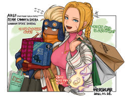 Rule 34 | 1boy, 1girl, 1other, akabi (gunspike), alternate hairstyle, arm around shoulder, bag, blonde hair, blue gloves, blue headwear, braid, braided ponytail, breasts, cameo, cammy white, capcom, casual, chun-li, commentary, covered mouth, dark-skinned male, dark skin, dated, dating, el fuerte, english commentary, facial scar, fingerless gloves, forehead, gloves, goggles, goggles on head, gunspike, hair pulled back, height difference, hershuar, hetero, jacket, jewelry, korean text, large breasts, long hair, looking at viewer, necklace, open mouth, pink sweater, plaid, plaid jacket, receipt, scar, scar on cheek, scar on face, shiba shintarou, shopping, shopping bag, sleeveless, street fighter, sweater, translation request, turtleneck, turtleneck sweater, twin braids