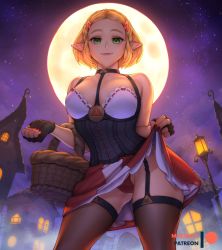 Rule 34 | 1girl, artist name, bare shoulders, basket, blonde hair, braid, breasts, brown thighhighs, contrapposto, corset, cosplay, fingerless gloves, from below, full moon, gloves, green eyes, halloween, holding, house, large breasts, little red riding hood, little red riding hood (grimm), little red riding hood (grimm) (cosplay), moon, mystra77, nail polish, night, nintendo, outdoors, panties, pointy ears, princess zelda, red nails, red panties, red skirt, skirt, sky, smile, solo, star (sky), starry sky, the legend of zelda, the legend of zelda: breath of the wild, the legend of zelda: tears of the kingdom, thighhighs, triforce print, underwear, white skirt