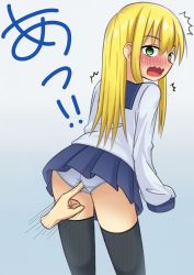 Rule 34 | 1girl, anal, anal fingering, artist request, ass, black thighhighs, blonde hair, blue background, blue skirt, blush, constricted pupils, disembodied hand, embarrassed, female focus, fingering, fingering through clothes, from behind, gradient background, green eyes, half-closed eyes, have to pee, leaning forward, legs apart, long hair, long sleeves, looking at viewer, looking back, looking to the side, open mouth, original, panties, pantyshot, pleated skirt, school uniform, serafuku, shirt, simple background, skirt, solo, standing, surprised, text focus, thighhighs, through clothes, translated, underwear, upskirt, wavy mouth, white panties, white shirt