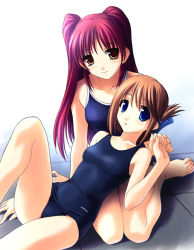 Rule 34 | 00s, 2girls, arm support, blue eyes, brown eyes, brown hair, collarbone, competition school swimsuit, folded ponytail, hair ornament, hairclip, holding hands, interlocked fingers, komaki manaka, kousaka tamaki, lap pillow, looking at viewer, lying, multiple girls, norizou type-r, old school swimsuit, one-piece swimsuit, open mouth, reclining, red hair, school swimsuit, simple background, sitting, smile, swimsuit, to heart (series), to heart 2