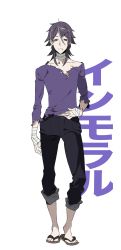 Rule 34 | 10s, 1boy, ahoge, text background, bandages, denim, earrings, flip-flops, frown, green eyes, highres, hisomu yoshiharu, japanese text, jeans, jewelry, kiznaiver, looking at viewer, male focus, official art, pants, piercing, purple hair, sandals, shirt, shoes, solo, t-shirt, torn clothes, translated, transparent background, yoneyama mai
