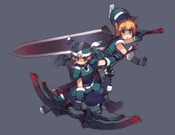 Rule 34 | 2girls, armor, arrow (projectile), blonde hair, blue eyes, blush stickers, bow (weapon), braid, breastplate, character request, commentary request, compound bow, faulds, gauntlets, greatsword, grey background, helmet, huge weapon, mil (xration), multiple girls, over shoulder, quiver, ragnarok online, raydric, short hair, single braid, sword, weapon, weapon over shoulder, winged helmet, zweihander