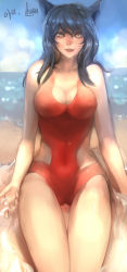Rule 34 | 1girl, ahri (league of legends), animal ears, beach, black hair, breasts, cameltoe, cleavage, covered navel, day, facial mark, fang, fox ears, fox tail, highres, hip vent, league of legends, medium breasts, multiple tails, one-piece swimsuit, parted lips, red one-piece swimsuit, seuyan, smile, solo, swimsuit, tail, thigh gap, whisker markings, yellow eyes