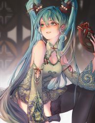 Rule 34 | 1girl, aqua eyes, aqua hair, bare shoulders, black thighhighs, chinese clothes, detached sleeves, dress, hair ornament, hatsune miku, highres, long hair, smile, stepcacc, suigyoku (module), thighhighs, twintails, very long hair, vocaloid, world&#039;s end dancehall (vocaloid)