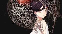 Rule 34 | 1girl, absurdres, black hair, bob cut, brown eyes, chinese lantern (plant), dress, from side, highres, looking at viewer, looking back, original, parted lips, plant, short hair, sogawa66, solo, upper body, white dress