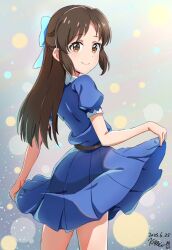 Rule 34 | 1girl, belt, black belt, blue bow, blue dress, bow, brown eyes, brown hair, bubble background, commentary request, cowboy shot, dated, dot nose, dress, grey background, hair bow, hands up, idolmaster, idolmaster cinderella girls, idolmaster cinderella girls u149, kippei, long hair, looking at viewer, puffy short sleeves, puffy sleeves, short sleeves, sidelocks, signature, skirt hold, smile, solo, tachibana arisu, thighs
