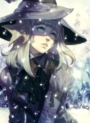 Rule 34 | 1girl, blue eyes, commission, hat, jotaku, lips, looking to the side, looking up, nose, shirt, snow, white hair, winter, witch hat