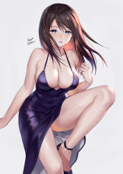 Rule 34 | 1girl, ankle strap, artist name, bare legs, black footwear, blue eyes, breasts, brown hair, cleavage, closed mouth, commentary, covered navel, cowboy shot, dress, earrings, english commentary, eyelashes, grey background, highres, jewelry, large breasts, leg up, legs, lips, long hair, looking at viewer, midori foo, mixed-language commentary, off-shoulder dress, off shoulder, original, parted bangs, pinky ring, purple dress, ring, shoes, signature, simple background, sleeveless, sleeveless dress, solo, spaghetti strap, straight hair, thighs