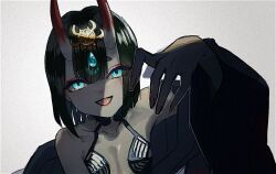 Rule 34 | 1girl, aqua eyes, bare shoulders, black hair, bob cut, breasts, eyeliner, fate/grand order, fate (series), fingernails, gem, grey background, hand up, headpiece, horns, isagiyo, japanese clothes, kimono, long fingernails, makeup, off shoulder, oni, open mouth, revealing clothes, shadow, short eyebrows, short hair, shuten douji (fate), skin-covered horns, small breasts, smile, solo, tongue, upper body