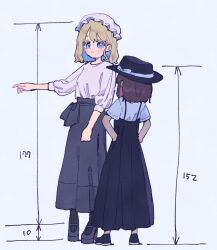 Rule 34 | 2girls, black footwear, black headwear, black pantyhose, black skirt, blonde hair, blue background, blue eyes, blue shirt, blush, bob cut, brown hair, closed mouth, dot nose, from behind, grey shirt, hands on own hips, hat, height difference, high-waist skirt, high heels, highres, long bangs, long skirt, long sleeves, looking at another, maribel hearn, measuring, medium hair, mob cap, multiple girls, nama udon, outstretched arm, pantyhose, pointing, shirt, shirt tucked in, shoes, short sleeves, sidelocks, simple background, skirt, standing, suspender skirt, suspenders, touhou, usami renko, white headwear