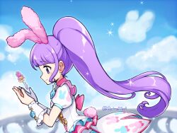 Rule 34 | 1girl, animal ears, blue sky, blunt bangs, closed mouth, cloud, coattails, commentary request, day, dress, fake animal ears, fake tail, from side, hands up, highres, idol clothes, idol land pripara, key, long hair, manaka non, nana (retroplica), outdoors, ponytail, pretty series, pripara, profile, puffy short sleeves, puffy sleeves, purple eyes, purple hair, rabbit ears, rabbit tail, shaped cloud, short sleeves, sidelocks, sky, smile, solo, tail, upper body, very long hair, white dress, wrist cuffs