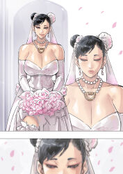 Rule 34 | 1girl, absurdres, bare shoulders, black hair, breasts, capcom, chun-li, cirenk, cleavage, closed eyes, closed mouth, collarbone, dress, earrings, flower, highres, jewelry, kiss, large breasts, lips, necklace, pearl necklace, shiny skin, smile, solo, street fighter, wedding dress