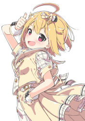 Rule 34 | 1girl, :d, ahoge, blonde hair, blush, breasts, buckle, buttons, character name, collared dress, cowboy shot, double-breasted, dress, flipped hair, from side, future signature (idolmaster), hair between eyes, hand on own hip, ibuki tsubasa, idolmaster, idolmaster million live!, idolmaster million live! theater days, kuresuku (lessons), looking at viewer, looking to the side, official alternate costume, open mouth, plaid, plaid dress, red eyes, short hair, sidelocks, simple background, small breasts, smile, solo, standing, thumbs up, v-shaped eyebrows, waist ribbon, white background, wrist cuffs, yellow dress