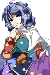 Rule 34 | 1girl, ahoge, bag, blue eyes, blue hair, cape, closed mouth, clothes lift, dress, dress lift, finger to mouth, hairband, highres, kakineko, lifted by self, long sleeves, looking at viewer, multicolored clothes, multicolored hairband, patchwork clothes, simple background, smile, solo, tenkyuu chimata, touhou, white background, white cape, zipper
