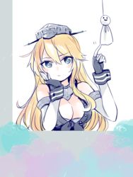 Rule 34 | 10s, 1girl, bad id, bad pixiv id, black gloves, blonde hair, blue eyes, breasts, cleavage, elbow gloves, fingerless gloves, front-tie top, gloves, hand on own face, iowa (kancolle), kantai collection, katagiri (mighty swing), solo, star-shaped pupils, star (symbol), symbol-shaped pupils, teruterubouzu, window