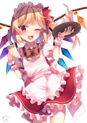 Rule 34 | 1girl, ;d, alternate costume, apron, blonde hair, chisiro unya (unya draw), cowboy shot, crystal, cup, dress, drinking glass, drinking straw, flandre scarlet, holding, holding tray, looking at viewer, maid, maid day, maid headdress, one eye closed, one side up, open mouth, red dress, red eyes, simple background, smile, solo, standing, teacup, touhou, tray, white apron, white background, wings