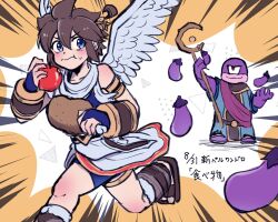 Rule 34 | ahoge, angel, angel wings, apple, blue eyes, boned meat, brown hair, colored skin, eating, eggplant, eggplant wizard, emphasis lines, fleeing, food, fruit, holding, holding food, holding fruit, holding staff, kid icarus, kid icarus uprising, laurel crown, male focus, meat, nintendo, one-eyed, pit (kid icarus), purple skin, running, staff, sweat, waffuum, wings