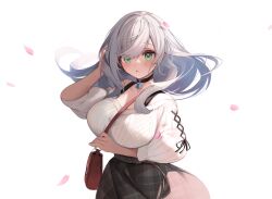 Rule 34 | 1girl, bag, black choker, blush, breasts, casual, choker, dokkumaa, green eyes, highres, hololive, large breasts, long hair, long sleeves, looking at viewer, official alternate costume, open mouth, shirogane noel, shirogane noel (casual), shoulder bag, skirt, solo, virtual youtuber