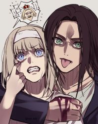 Rule 34 | 1girl, 2boys, black hair, black jacket, blonde hair, blood, blood on hands, blue eyes, clenched teeth, crown, crying, crying with eyes open, eren yeager, green eyes, grey background, hairband, hand up, highres, jacket, long hair, long sleeves, looking at viewer, multiple boys, neri aot, open mouth, shingeki no kyojin, simple background, speech bubble, tears, teeth, tongue, tongue out, twitter username, upper body, ymir fritz, zeke yeager