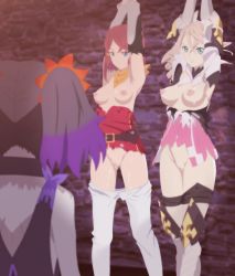 Rule 34 | 3girls, alisha diphda, blonde hair, bound, breasts, breasts out, female focus, green eyes, highres, mamold duck, multiple girls, nipples, red hair, rose (tales), symonne (tales), tagme, tales of (series), tales of zestiria, torn clothes
