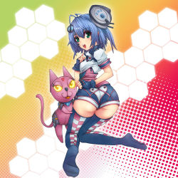 Rule 34 | 1girl, :d, ass, blue hair, chikuwa udon, creature, fingerless gloves, from behind, full body, gloves, green eyes, hexagon, looking at viewer, machinery, open mouth, original, robot, short hair, smile, solo, tareme, thighhighs