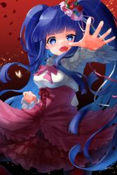 Rule 34 | 1girl, blue eyes, blue hair, blunt bangs, bow, breasts, bug, butterfly, clenched hand, corset, cross-laced clothes, cross-laced skirt, eyelashes, fangs, flower, frilled shirt, frilled skirt, frills, furudo erika, hair flower, hair ornament, hair over shoulder, high-waist skirt, highres, insect, lolita fashion, long hair, looking at viewer, medium breasts, n&#039;bayashi, open hand, open mouth, outstretched hand, pantyhose, petals, pink bow, pink headwear, red background, ribbon, rose, shirt, skirt, smile, solo, teeth, twintails, twitter username, umineko no naku koro ni, very long hair, yellow butterfly