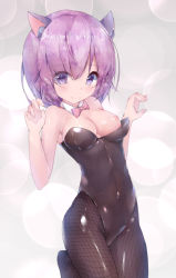 Rule 34 | &gt;:o, 1girl, :o, alternate costume, animal ears, bare arms, bare shoulders, black leotard, black pantyhose, blush, bow, bowtie, breasts, cat ears, claw pose, cleavage, closed mouth, covered navel, detached collar, eyes visible through hair, fate/grand order, fate (series), hair over one eye, highres, kittysuit, knees together feet apart, leg up, leotard, mash kyrielight, medium breasts, nipples, nontraditional playboy bunny, one breast out, pantyhose, pink bow, pink bowtie, purple eyes, shiny clothes, shiny skin, smile, solo, standing, standing on one leg, strapless, strapless leotard, twiska (doubitian), v-shaped eyebrows