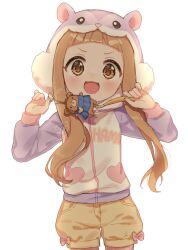 Rule 34 | 1girl, animal hood, arched bangs, blunt bangs, blush, brown eyes, brown hair, commentary request, cowboy shot, crime prevention buzzer, euphoniummatsu, hands up, highres, hood, hood up, hoodie, ichihara nina, idolmaster, idolmaster cinderella girls, long hair, long sleeves, looking at viewer, open mouth, puffy long sleeves, puffy sleeves, purple hoodie, short shorts, shorts, shukusei!! loli-gami requiem, sidelocks, simple background, solo, v-shaped eyebrows, white background, yellow shorts