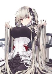 Rule 34 | 1girl, absurdly long hair, arched back, artist request, azur lane, black dress, black nails, breasts, bridal gauntlets, bustier, closed mouth, corset, dangle earrings, dress, earrings, formidable (azur lane), frills, gothic lolita, grey hair, hair flowing over, hair ribbon, hands up, jewelry, lace, large breasts, lolita fashion, long hair, long sleeves, looking at viewer, nail polish, perky breasts, red eyes, ribbon, rigging, simple background, sitting, solo, taut clothes, third-party source, turret, twintails, very long hair, white background