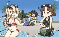 Rule 34 | air pump, aircraft, airplane, american flag bikini, bag, bikini, black one-piece swimsuit, blonde hair, blue eyes, blue sky, bottle, breasts, brown eyes, brown hair, casual one-piece swimsuit, chair, chiyoda (kancolle), cleavage, collarbone, commentary request, dated, e16a zuiun, eyewear on head, flag print, front-tie top, gradient sky, green bikini, hamu koutarou, headband, highres, hyuuga (kancolle), inflatable toy, iowa (kancolle), kantai collection, large breasts, lotion, lounge chair, one-hour drawing challenge, one-piece swimsuit, outdoors, palm tree, short hair, side-tie bikini bottom, sky, star-shaped eyewear, star-shaped pupils, star (symbol), sunglasses, sunscreen, swimsuit, symbol-shaped pupils, tree, x navel